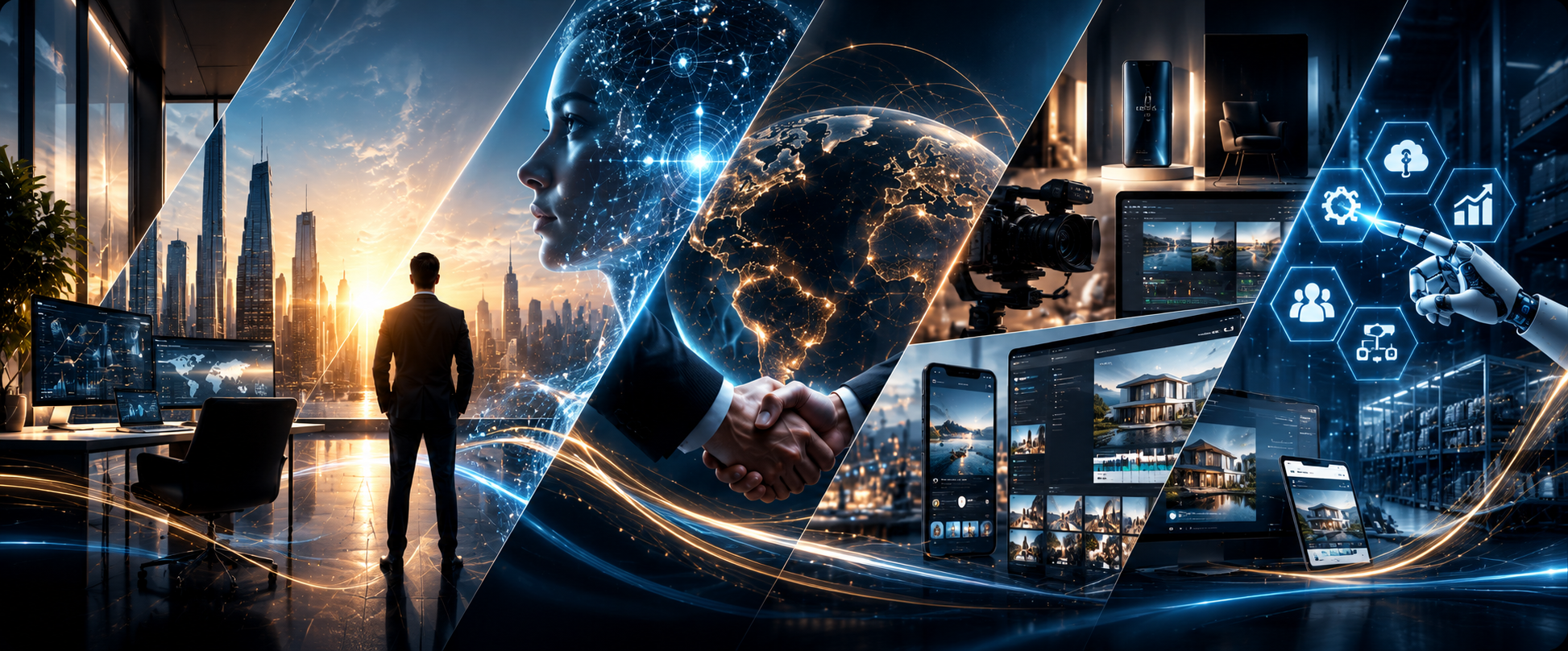 Collage Futuristico di AI e Connessioni Globali